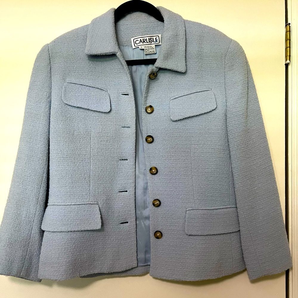 Vintage Carlisle Women’s Size 10 Light Blue Textured Wool Blend Blazer Jacket